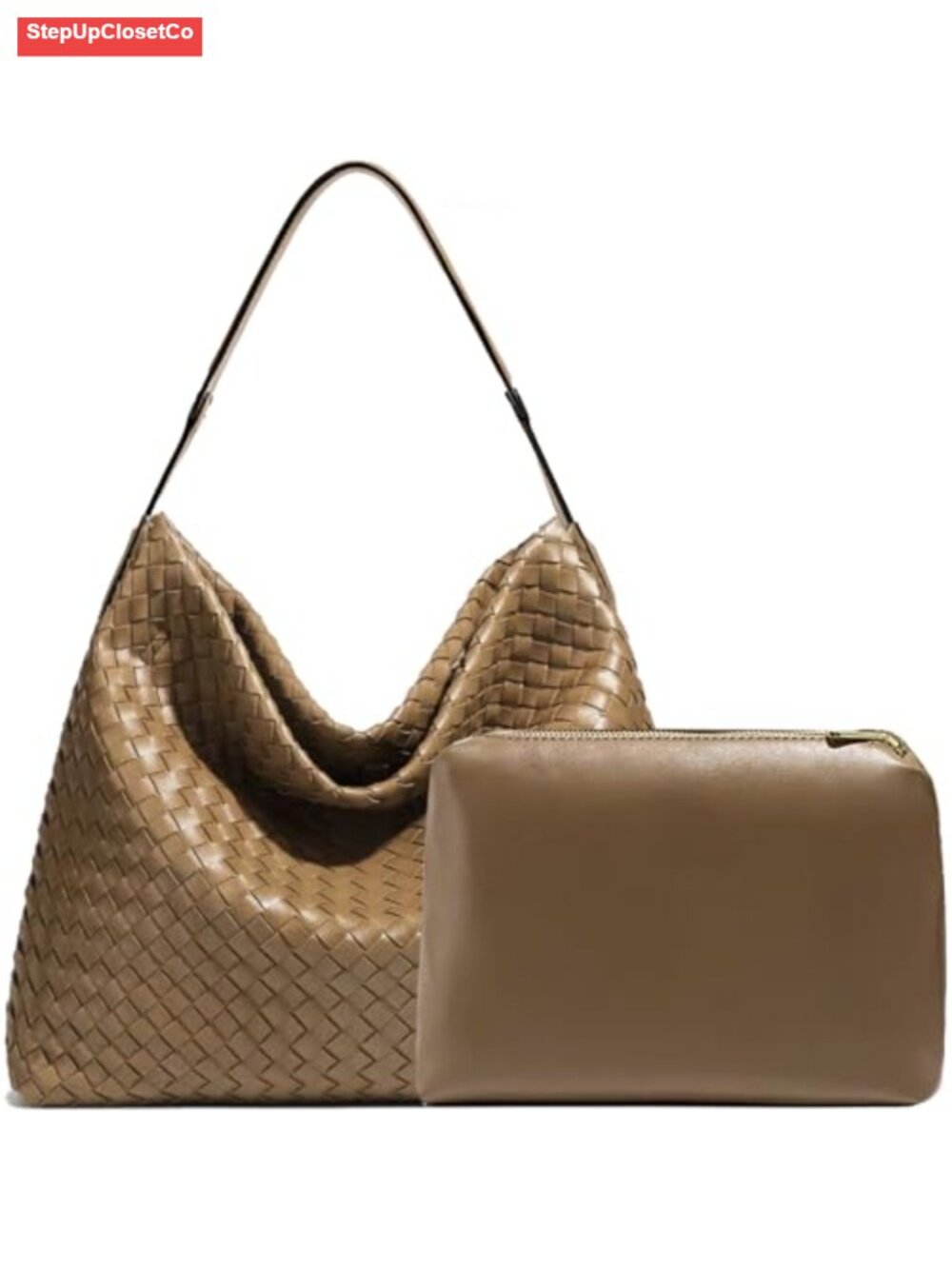 Woven Vegan Leather Hobo Tote Handbag with Detachable Clutch and Adjustable